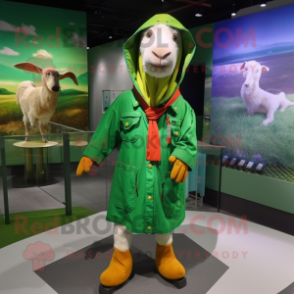 Green Boer Goat mascot costume character dressed with a Raincoat and Scarves