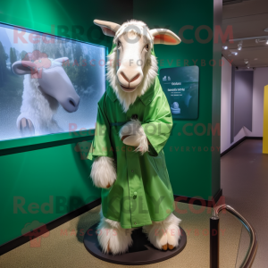 Green Boer Goat mascot costume character dressed with a Raincoat and Scarves