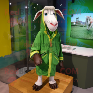Green Boer Goat mascot costume character dressed with a Raincoat and Scarves