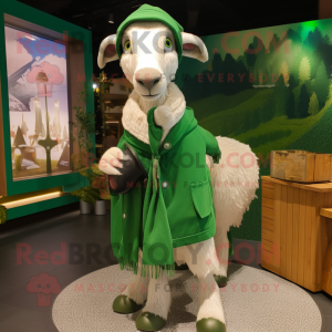 Green Boer Goat mascot costume character dressed with a Raincoat and Scarves