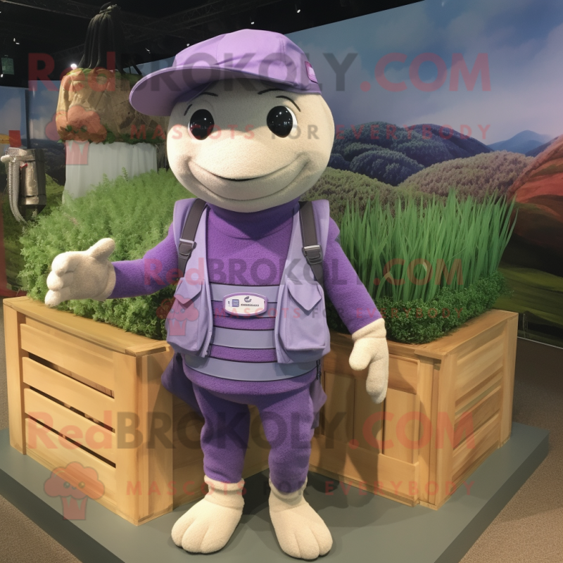 Lavender But mascot costume character dressed with a Cargo Shorts and Cummerbunds