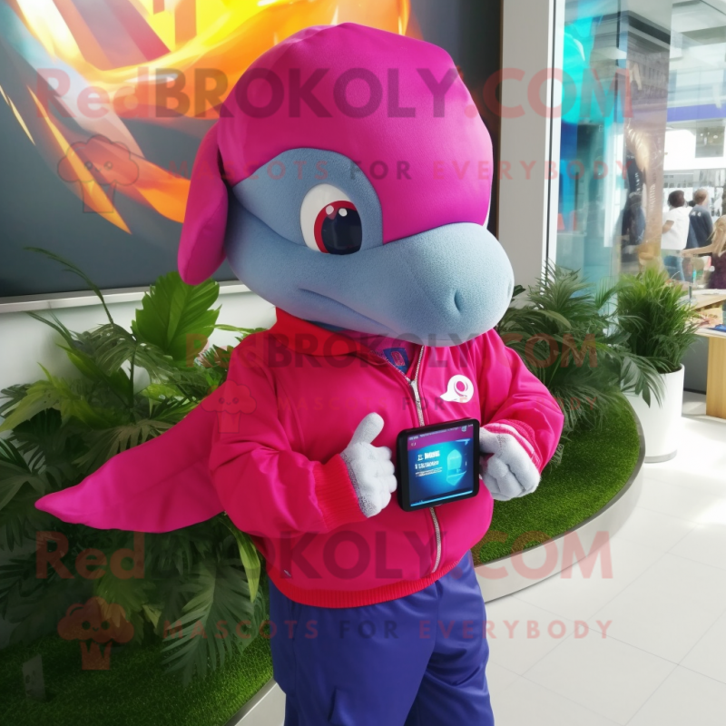 Magenta Dolphin mascot costume character dressed with a Jeans and Smartwatches