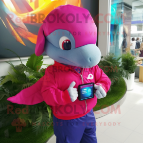 Magenta Dolphin mascot costume character dressed with a Jeans and Smartwatches