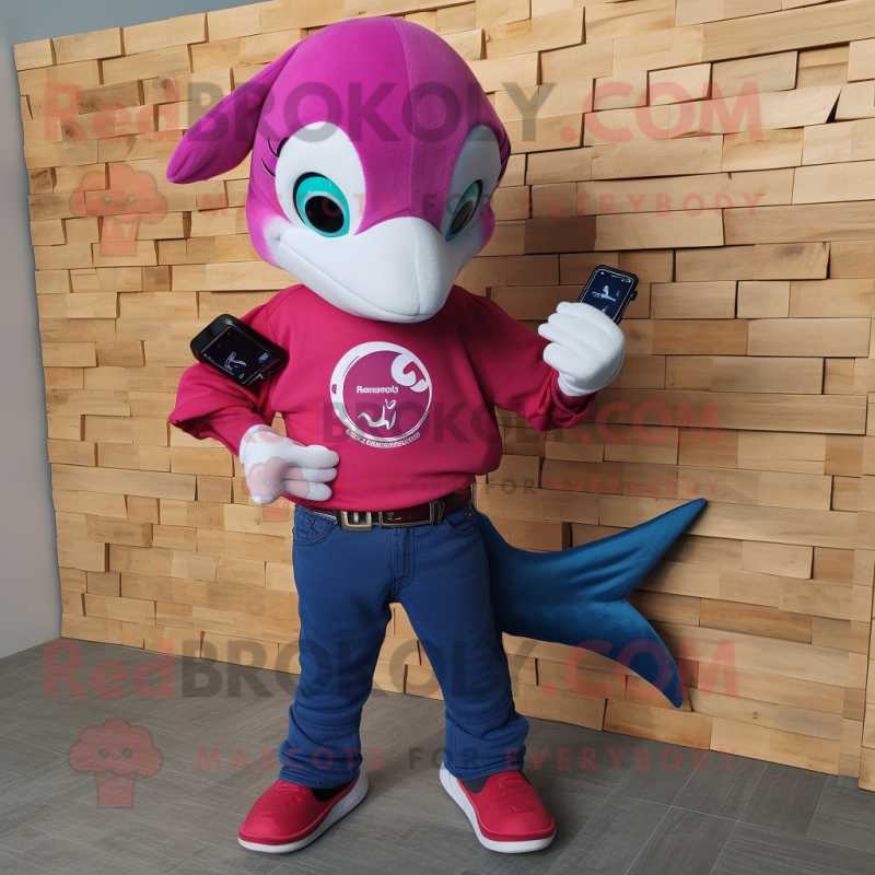 Magenta Dolphin mascot costume character dressed with a Jeans and Smartwatches