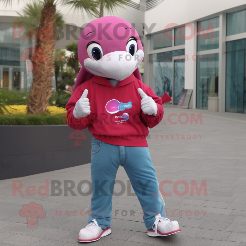 Magenta Dolphin mascot costume character dressed with a Jeans and Smartwatches