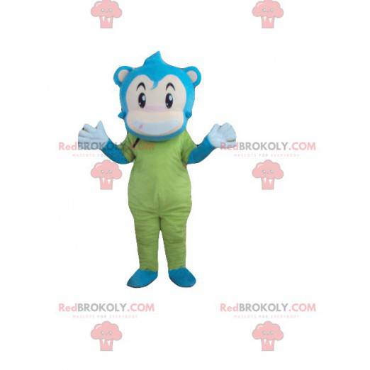 Mascotte de singe de bonhomme bleu beige et vert -