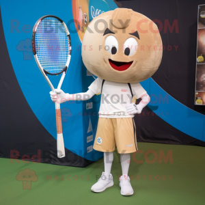 Beige Tennis Racket mascot costume character dressed with a Flare Jeans and Foot pads