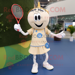 Beige Tennis Racket mascot costume character dressed with a Flare Jeans and Foot pads