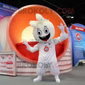 White Shrimp Scampi mascot costume character dressed with a Suit and Rings