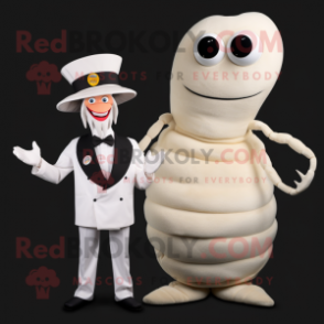 White Shrimp Scampi mascot costume character dressed with a Suit and Rings