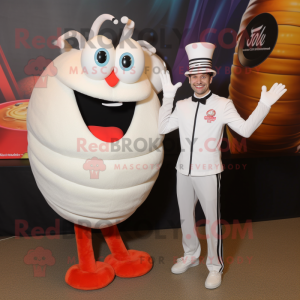 White Shrimp Scampi mascot costume character dressed with a Suit and Rings