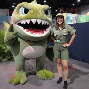 Olive Megalodon mascot costume character dressed with a Playsuit and Watches