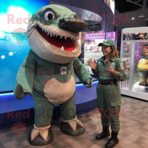 Olive Megalodon mascot costume character dressed with a Playsuit and Watches