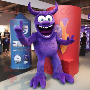 Purple Devil mascot costume character dressed with a Bootcut Jeans and Clutch bags