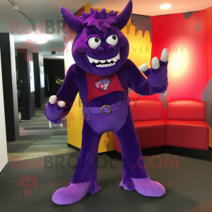 Purple Devil mascot costume character dressed with a Bootcut Jeans and Clutch bags