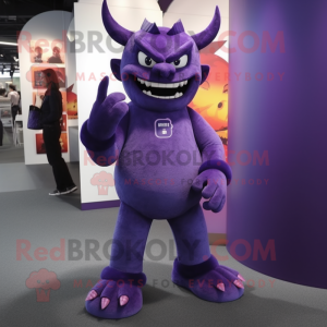 Purple Devil mascot costume character dressed with a Bootcut Jeans and Clutch bags