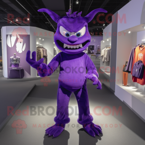 Purple Devil mascot costume character dressed with a Bootcut Jeans and Clutch bags