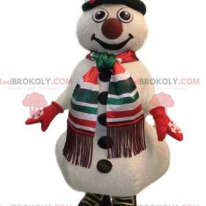 Mascotte de bonhomme de neige jovial avec son chapeau vert -