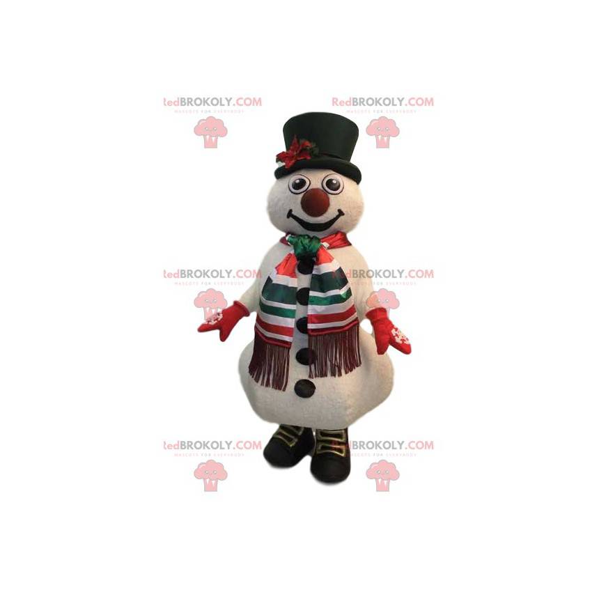 Jovial snowman mascot with his green hat - Redbrokoly.com