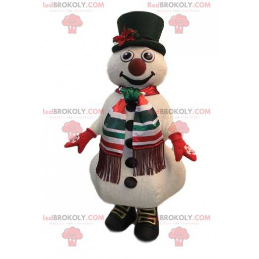 Mascote jovial do boneco de neve com seu chapéu verde -