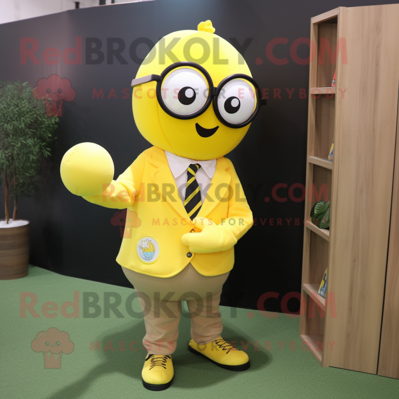 Yellow Juggle mascot costume character dressed with a Suit Jacket and Reading glasses