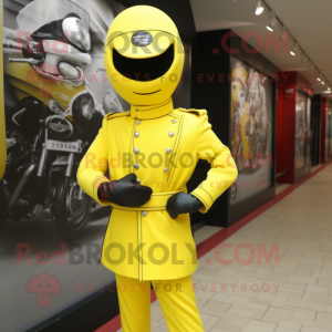 Lemon Yellow British Royal Guard mascot costume character dressed with a Biker Jacket and Shoe laces
