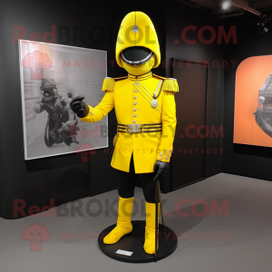 Lemon Yellow British Royal Guard mascot costume character dressed with a Biker Jacket and Shoe laces