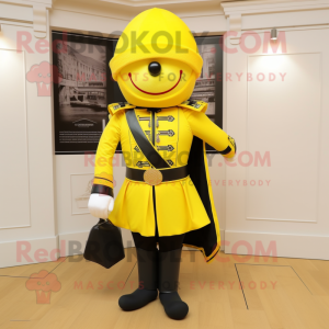 Lemon Yellow British Royal Guard mascot costume character dressed with a Biker Jacket and Shoe laces