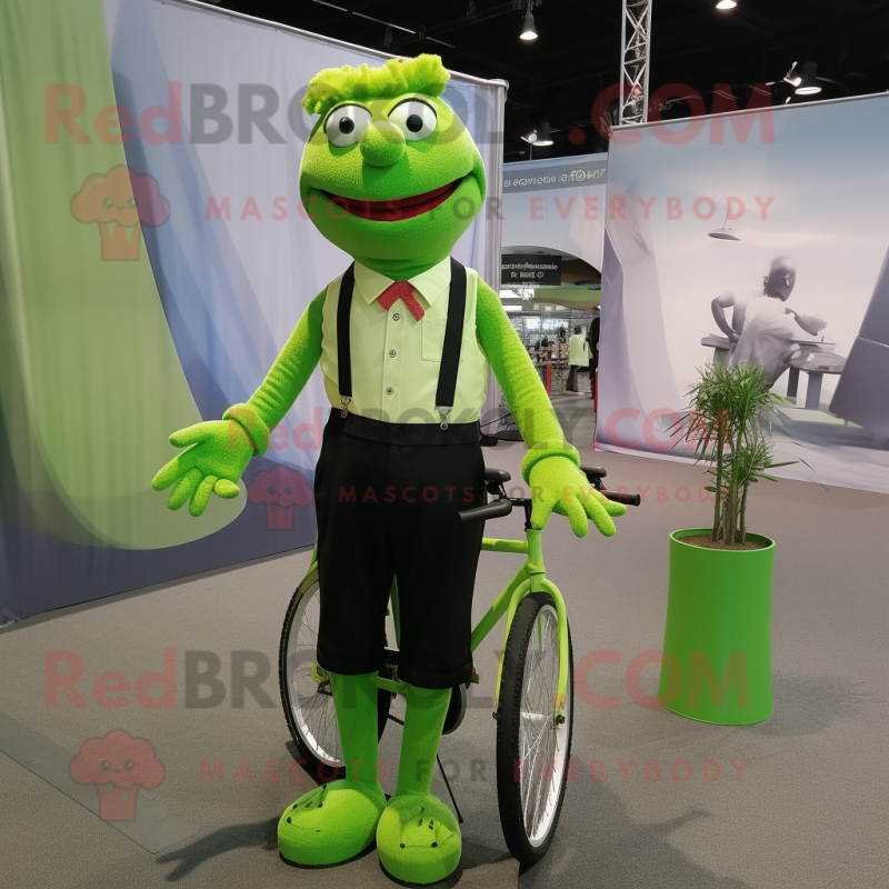 Lime Green Unicyclist mascot costume character dressed with a Dress Shirt and Suspenders