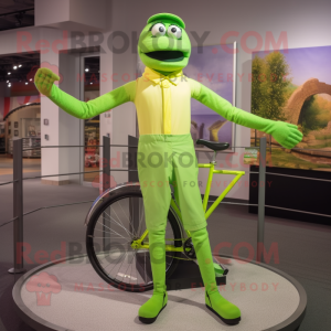 Lime Green Unicyclist mascot costume character dressed with a Dress Shirt and Suspenders