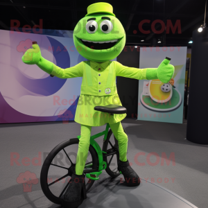 Lime Green Unicyclist mascot costume character dressed with a Dress Shirt and Suspenders
