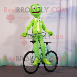 Lime Green Unicyclist mascot costume character dressed with a Dress Shirt and Suspenders