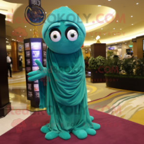 Teal Cyclops mascot costume character dressed with a Evening Gown and Scarves