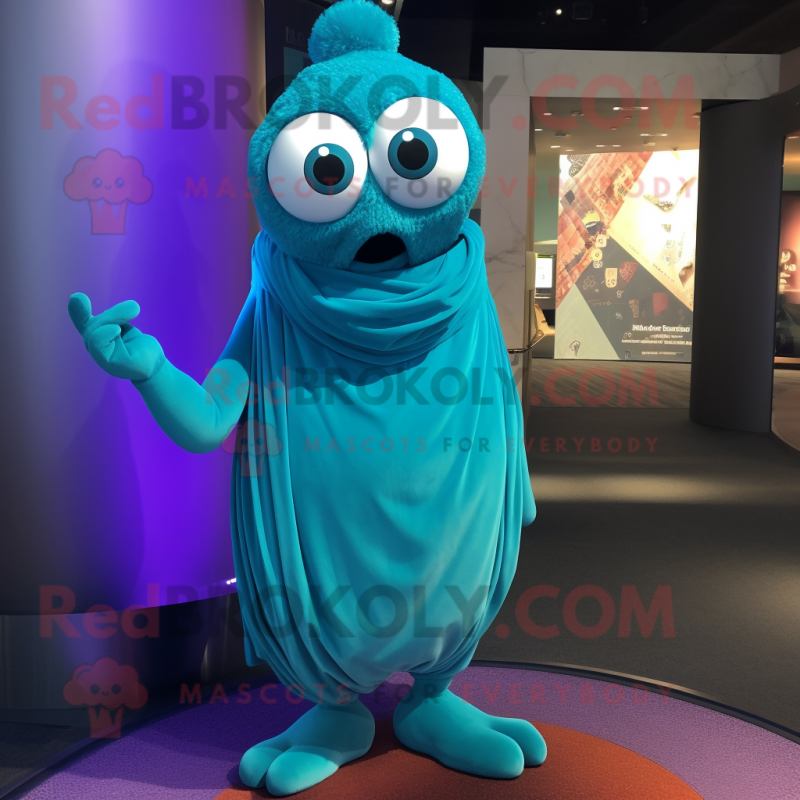 Teal Cyclops mascot costume character dressed with a Evening Gown and Scarves