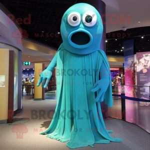 Teal Cyclops mascot costume character dressed with a Evening Gown and Scarves