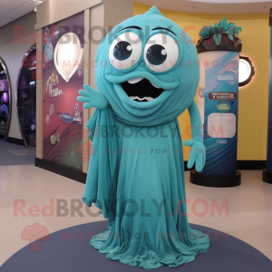 Teal Cyclops mascot costume character dressed with a Evening Gown and Scarves