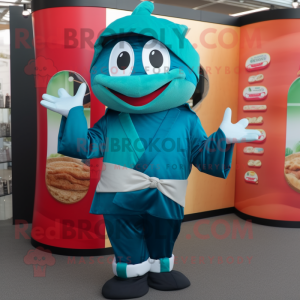 Teal Sushi mascot costume character dressed with a Trousers and Caps