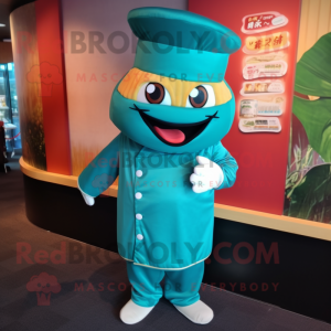 Teal Sushi mascot costume character dressed with a Trousers and Caps