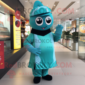 Teal Sushi mascot costume character dressed with a Trousers and Caps