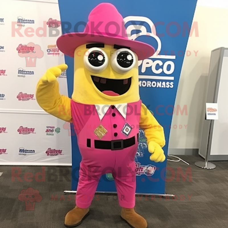 Pink Nachos mascot costume character dressed with a Chinos and Suspenders Pink Nachos mascot costume character dressed with a Chinos and Suspenders