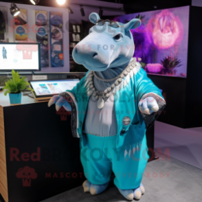 Cyan Tapir mascot costume character dressed with a Button-Up Shirt and Necklaces