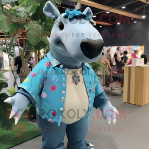 Cyan Tapir mascot costume character dressed with a Button-Up Shirt and Necklaces