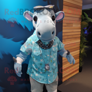 Cyan Tapir mascot costume character dressed with a Button-Up Shirt and Necklaces