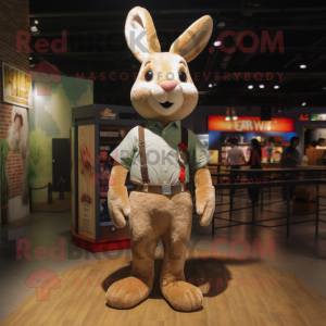 Tan Rabbit mascot costume character dressed with a Skinny Jeans and Berets