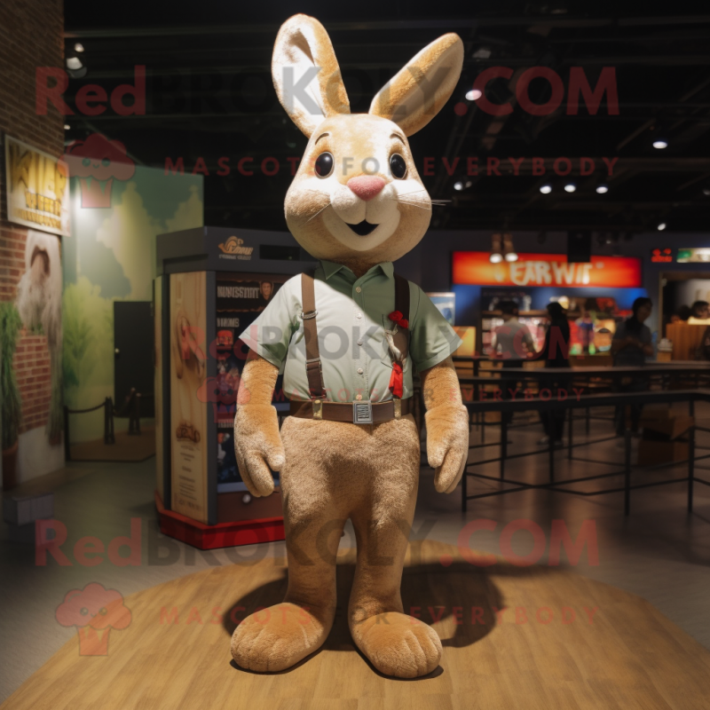 Tan Rabbit mascot costume character dressed with a Skinny Jeans and Berets Tan Rabbit mascot costume character dressed with a Skinny Jeans and Berets