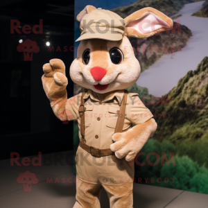 Tan Rabbit mascot costume character dressed with a Skinny Jeans and Berets