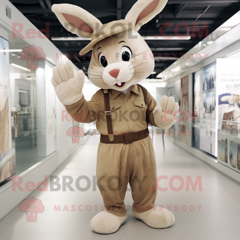 Tan Rabbit mascot costume character dressed with a Skinny Jeans and Berets