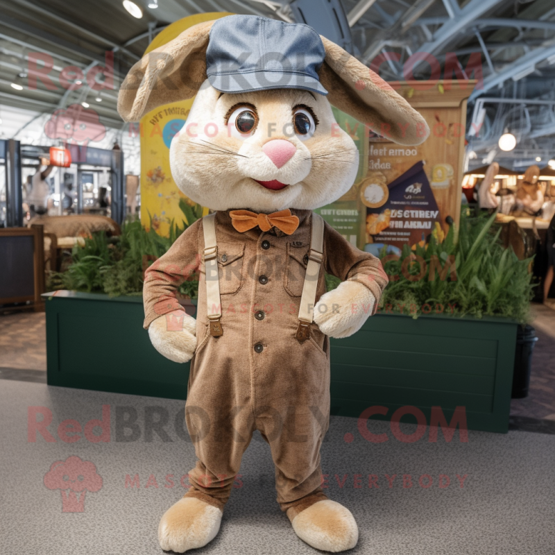 Tan Rabbit mascot costume character dressed with a Skinny Jeans and Berets