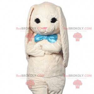 Mascotte van zacht wit konijn met zijn turkooizen strik -