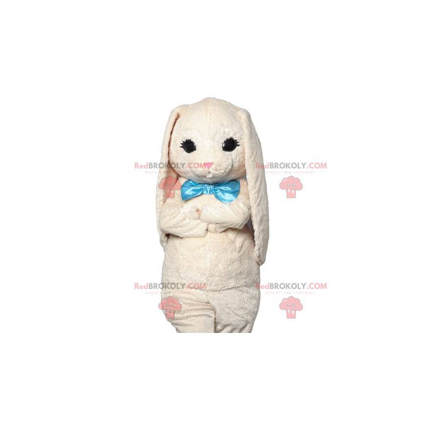 Mascote coelho branco macio com seu arco turquesa - Mascote coelho branco macio com seu arco turquesa -